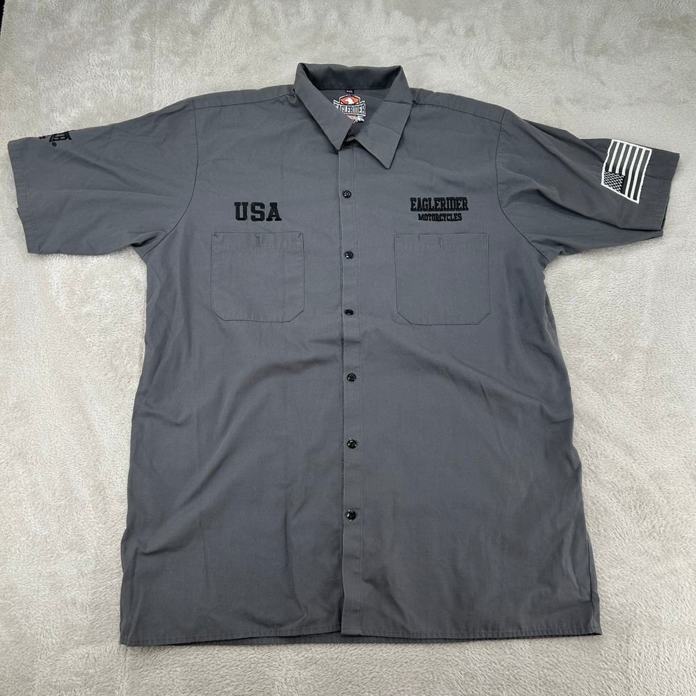 EagleRider Motorcycles USA Work Shirt Mens 2XL Gray Button Up Short Sleeve